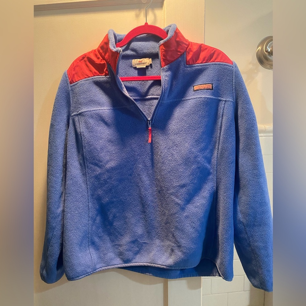 Vineyard Vines- 1/4 Zip Fleece With Nylon at shoulder, Blue/Pink, Size L, EUC